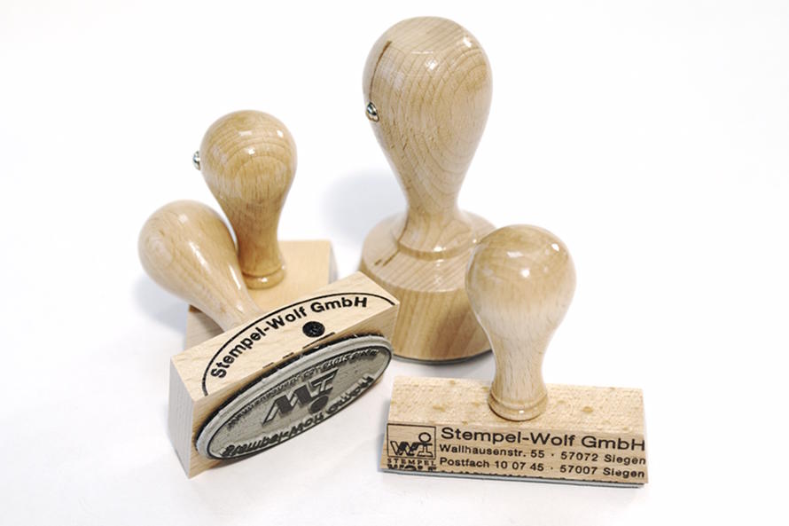 Adressstempel aus Holz in rund, oval, rechteckig und quadratisch.